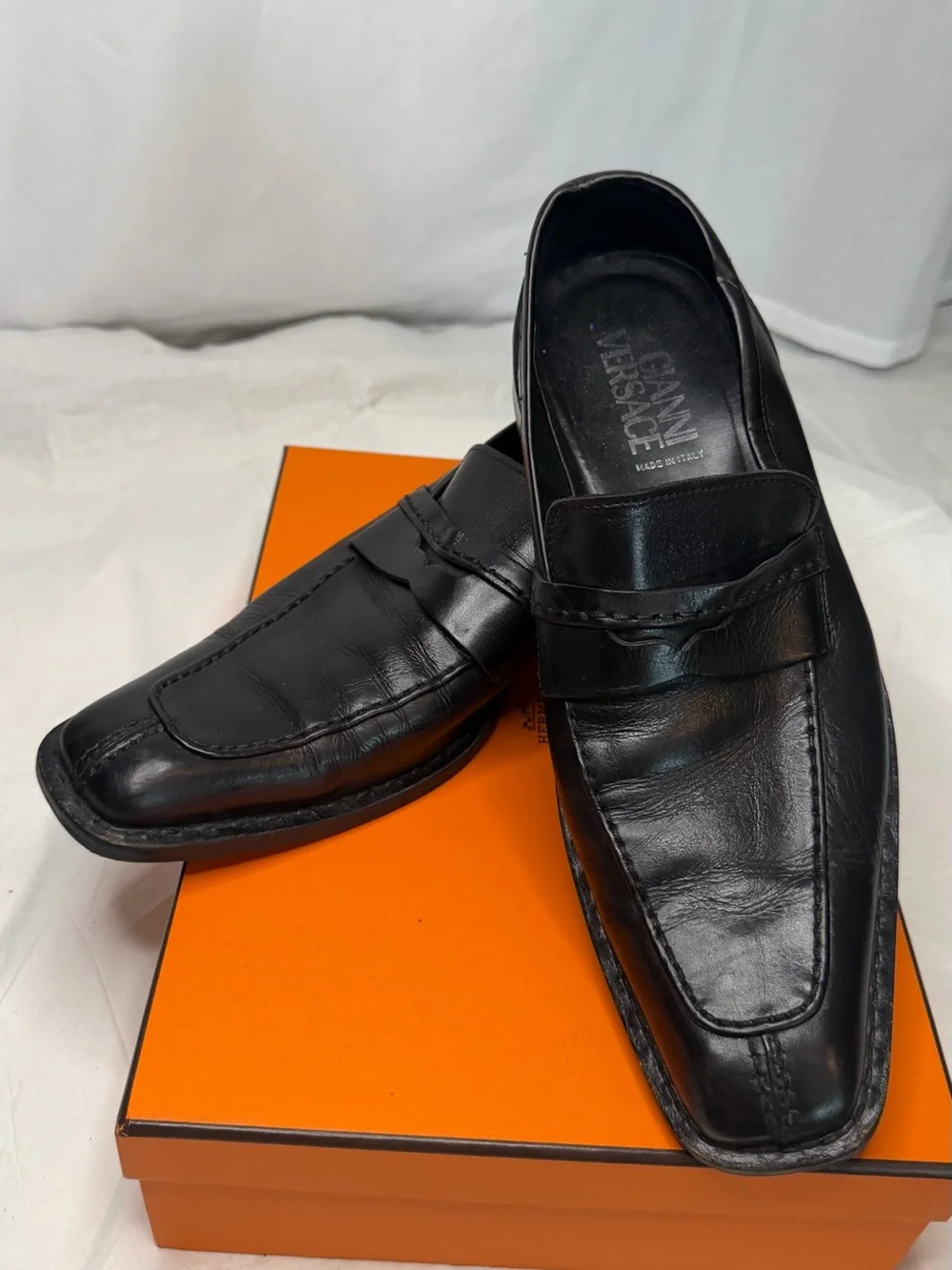 Versace Black Leather Slip-On Penny Loafers for Men